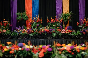 Poster - A variety of vibrant flowers displayed in a bunch on a table, A commencement stage adorned with colorful flowers and banners