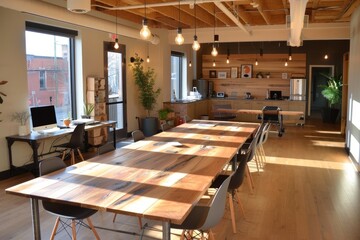 Poster - A long wooden table placed inside a spacious room, suitable for communal use, A communal coworking space with long communal desks, shared amenities, and a laid-back, collaborative atmosphere
