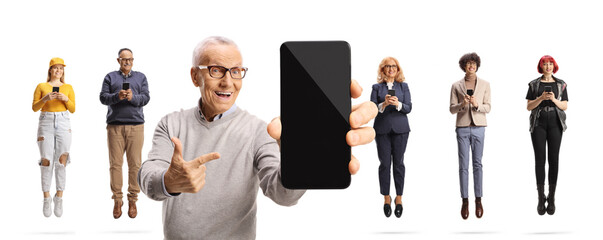 Sticker - Elderly man pointing at a smartphone screen and people using smartphones