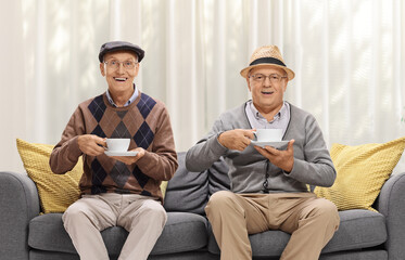 Canvas Print - Elderly men sitting on a sofa and having a cup of tea