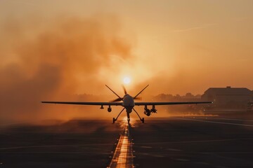 Sticker - A plane is parked on a runway, ready for takeoff or disembarking passengers, A compilation of drone footage capturing training exercises at a military base