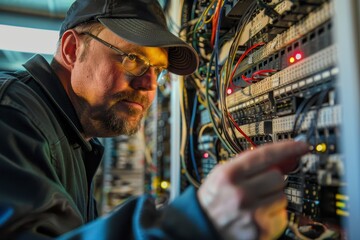Poster - A man wearing a hat and glasses is focused on working on an electrical panel, A computer forensics examiner recovering deleted data from a compromised system