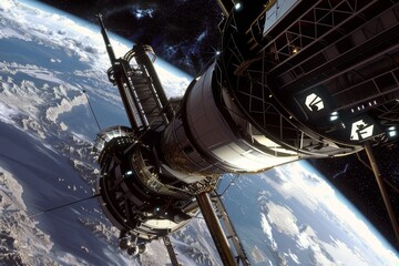 Poster - Artists depiction of a high-tech space station in orbit around Earth, A conceptual drawing for a space elevator reaching into the stars