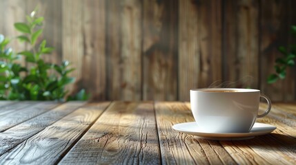 Aufkleber - A white coffee cup sits on a wooden table with a plant in the background. The cup is filled with coffee and steam is rising from it. Concept of relaxation and comfort