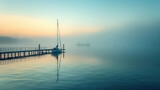 A tranquil morning scene at a harbor with a sailboat in misty conditions.