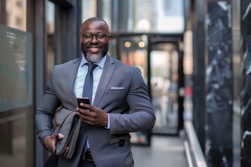 Poster - a man in a suit is focused on his cell phone, possibly checking emails or messages, a confident entr