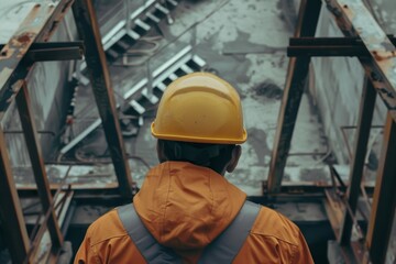 Construction worker wearing safety gear, hard hat and orange jacket, A construction worker with a hard hat