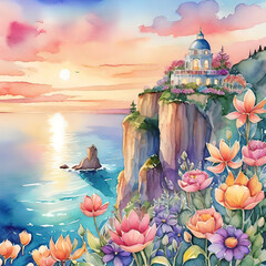 Wall Mural - Watercolor illustration, fantasy beautiful seaside landscape, sailing ship, palace on the cliff, for interior decoration, during sunset, illustration for print,