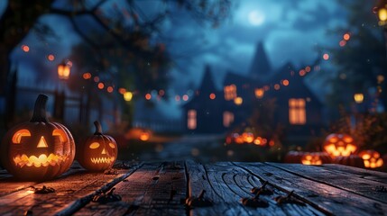 Poster - A wooden table with two pumpkins on it and a few other pumpkins around it. Scene is spooky and Halloween-like