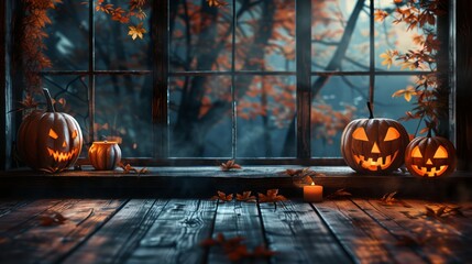 Poster - A window with three pumpkins and a candle on a wooden floor. Scene is spooky and Halloween-like