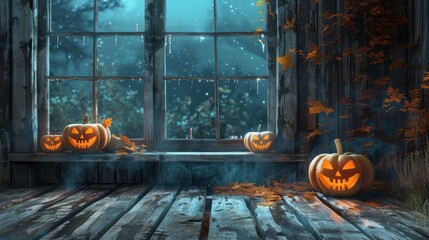 Poster - A window with three pumpkins on the sill. The pumpkins are orange and have scary faces. The room is dark and has a spooky atmosphere