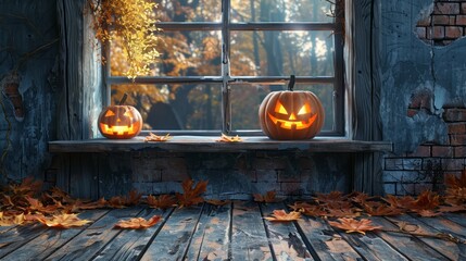 Poster - a window with two pumpkins and some leaves on the floor. scene is spooky and halloween-like