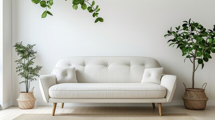 A white couch sits in front of a wall with a plant hanging from the ceiling. The room is clean and uncluttered, with a rug on the floor and two potted plants