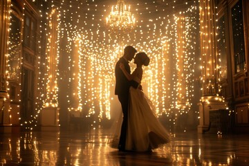 Wall Mural - Couple standing together in front of a wall illuminated by bright lights, A couple dancing in a ballroom filled with fairy lights