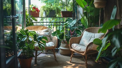 Poster - A patio with two wicker chairs and a rug. The chairs are facing a wall with plants and a potted plant