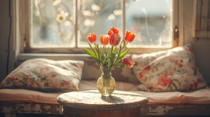Aufkleber - A vase of tulips sits on a table next to two pillows. The scene is bright and cheerful, with the sun shining through the window
