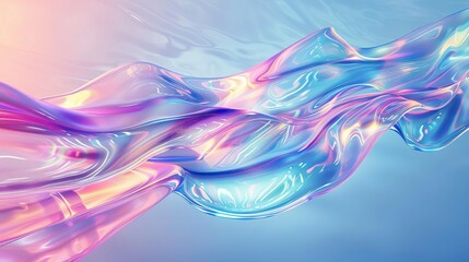 Wall Mural - 3d render abstract background in nature landscape. Transparent glossy glass ribbon on water. Holographic curved wave in motion. Iridescent design element for banner background, wallpaper
