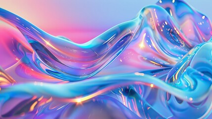 Wall Mural - 3d render abstract background in nature landscape. Transparent glossy glass ribbon on water. Holographic curved wave in motion. Iridescent design element for banner background, wallpaper