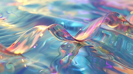 Wall Mural - 3d render abstract background in nature landscape. Transparent glossy glass ribbon on water. Holographic curved wave in motion. Iridescent design element for banner background, wallpaper