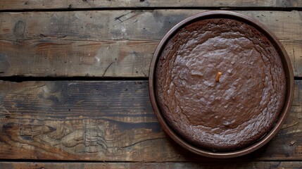 Sticker -   A brown cake sits atop a wooden table, nearby is a bowl holding a chocolate-frosted cake also placed on a wooden table