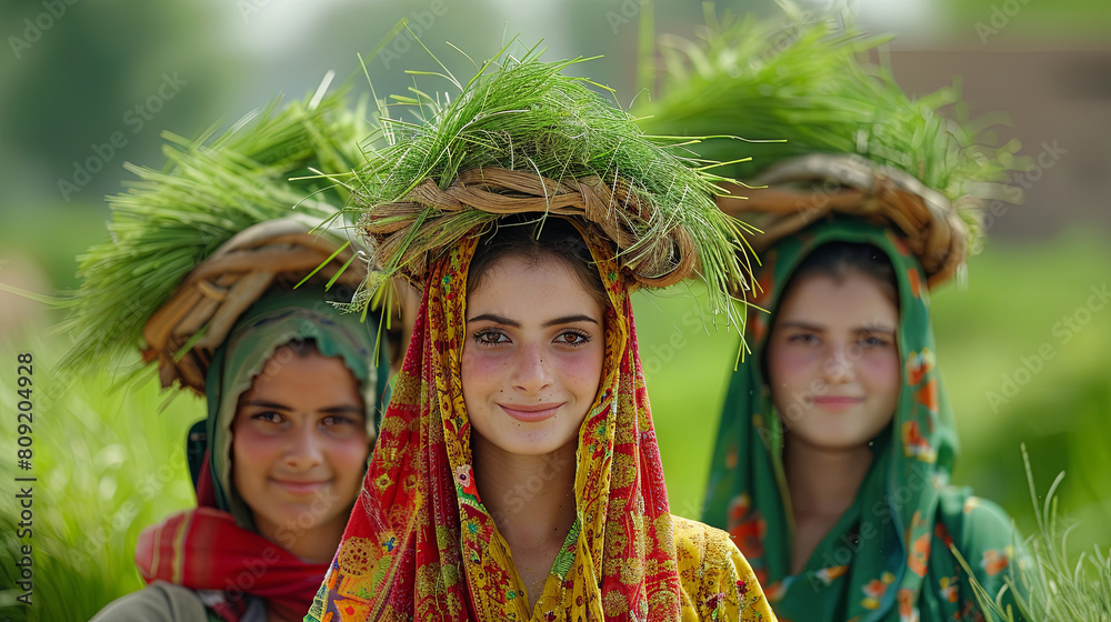 Стокове фото Women in a Pakistani village carry grass as part of their ...