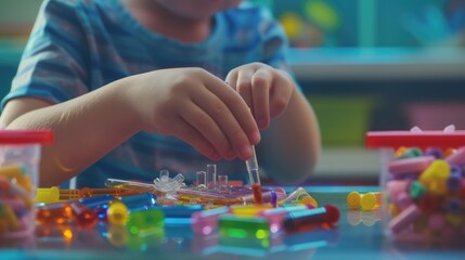 Poster - Close up of smart children hands learning about science by using toy in STEM science lesson. Skilled elementary student studying and doing experiment with blurring background. Creative concept. AIG42.