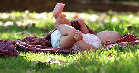 Wall Mural - Baby infant laid on grass outdoors