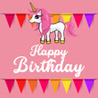 Happy Birthday greeting card with flags and unicorn on pink background, vector
