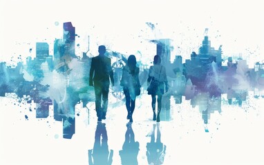 Silhouettes of business people with digital and urban elements in the style of blue color scheme against a white background Generative AI