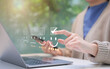© Supatman - Customer review satisfaction feedback survey concept. Person interacts with laptop, giving a five-star rating using a digital feedback system, illustrating positive customer satisfaction and feedback.