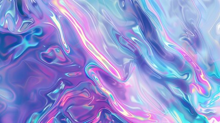 Wall Mural - A grainy iridescent holographic gradient background with psychedelic patterns, perfect for adding a unique touch to business branding. Features trippy moving water glossy textures in lilac hues.