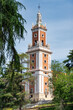 Neoclassical tower of the American Museum Complex in Madrid, Spain.