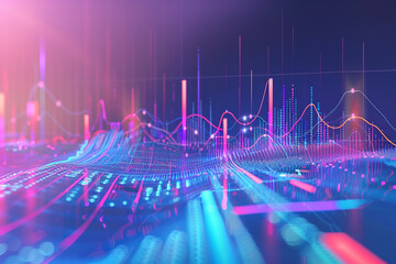 Wall Mural - A digital visualization of financial trends and business statistics, artfully presented with colorful diagrams and trendlines on a soothing blue and purple gradient background, symbolizing