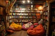 A room filled with lots of books and bean bag chairs for a cozy reading environment, A cozy reading nook with bean bags and a small library of books