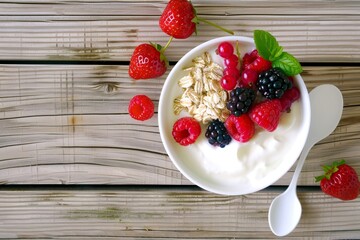 Wall Mural - A bowl filled with creamy yogurt topped with fresh berries and crunchy granola on a cozy table setting, A cozy table with a bowl of berries and yogurt