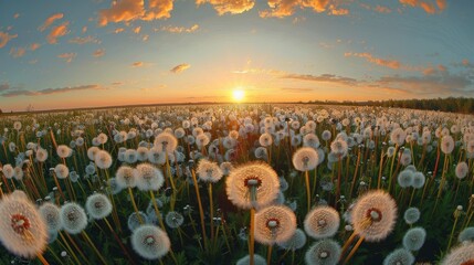 Wall Mural - A field of dandelions is in full bloom, with the sun setting in the background