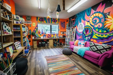 Poster - Vibrant Room Filled With Bookshelves, A creative studio with colorful art supplies, inspirational quotes on the walls, and a vibrant mural as a focal point