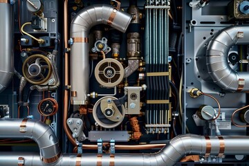 Poster - Close up of a machine with intricate network of pipes and valves, A creative visualization of the inner workings of an air conditioner system