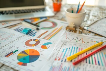 Poster - A table covered in papers and pencils, with a laptop nearby, A creative visualization of the marketing and sales strategy outlined in a comprehensive business plan