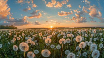 Wall Mural - A field of dandelions is in full bloom, with the sun setting in the background