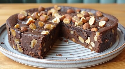 Poster -   A close-up photo of a cake on a plate with one piece removed, showcasing the remaining cake