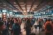 © Iftikhar alam - Crowded airport terminal with travelers walking towards departure gates, A crowded airport terminal filled with travelers hauling luggage and looking for their gates