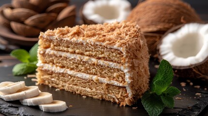   A cake sits atop a cutting board, surrounded by sliced bananas and two coconuts