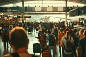 Sticker - Busy Crowd Walking Through Airport Terminal, A crowded airport terminal filled with travelers hauling luggage and looking for their gates