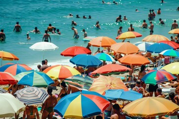 Sticker - Large group of people gathered on a beach, each under a colorful umbrella, enjoying the sunny day, A crowded beach dotted with colorful umbrellas and sunbathers