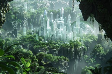 Aufkleber - A futuristic crystalline city emerges in the heart of a dense forest, blending nature with advanced technology, A crystalline alien city nestled in a lush jungle