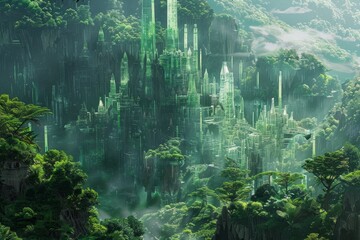Aufkleber - A high-tech city surrounded by dense forest, showcasing the blend of nature and advanced architecture, A crystalline alien city nestled in a lush jungle