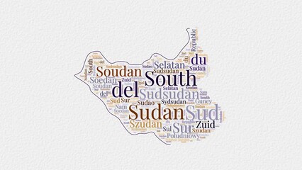 Wall Mural - South Sudan logo animation. South Sudan boundary word cloud animation. Video of country names in multiple languages popping out on paper style background. Country opening, intro, presentation video.