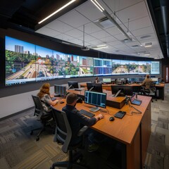 Poster - Man at Desk in Front of Large Screen, A cutting-edge facility where city officials monitor and analyze data to improve quality of life for residents