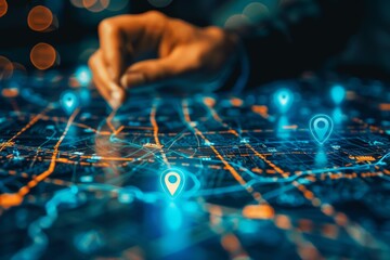 Poster - A hand belonging to a cyber defense strategist touches a map that has a pin on it, marking out network vulnerabilities, A cyber defense strategist mapping out network vulnerabilities